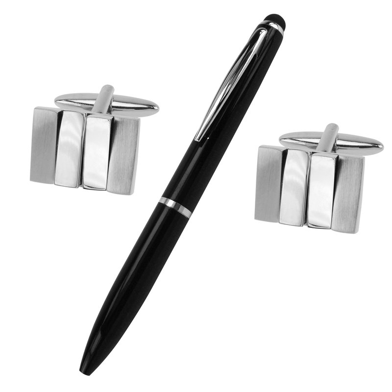 不规则金属方块袖扣和笔套装 - 袖扣 - 其他金属 银色