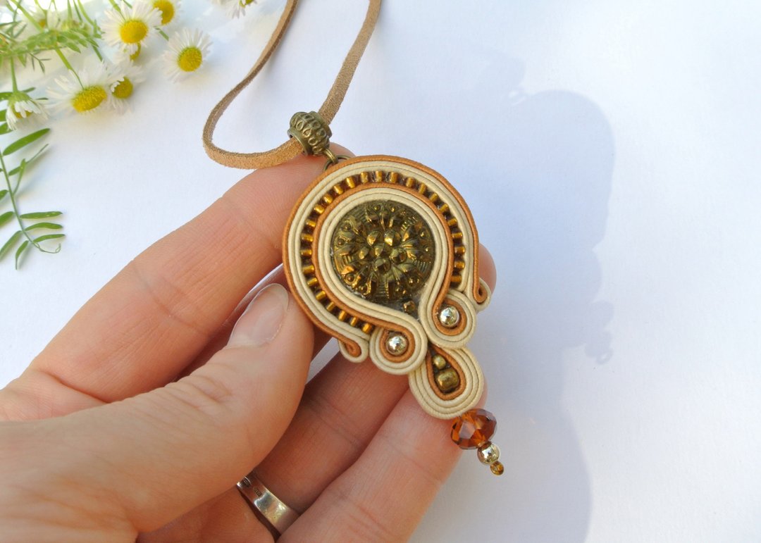 Beige gold Boho Necklace Ethnic Mandala bronze brown Embroidered Beaded Soutache - 长链 - 其他材质 咖啡色