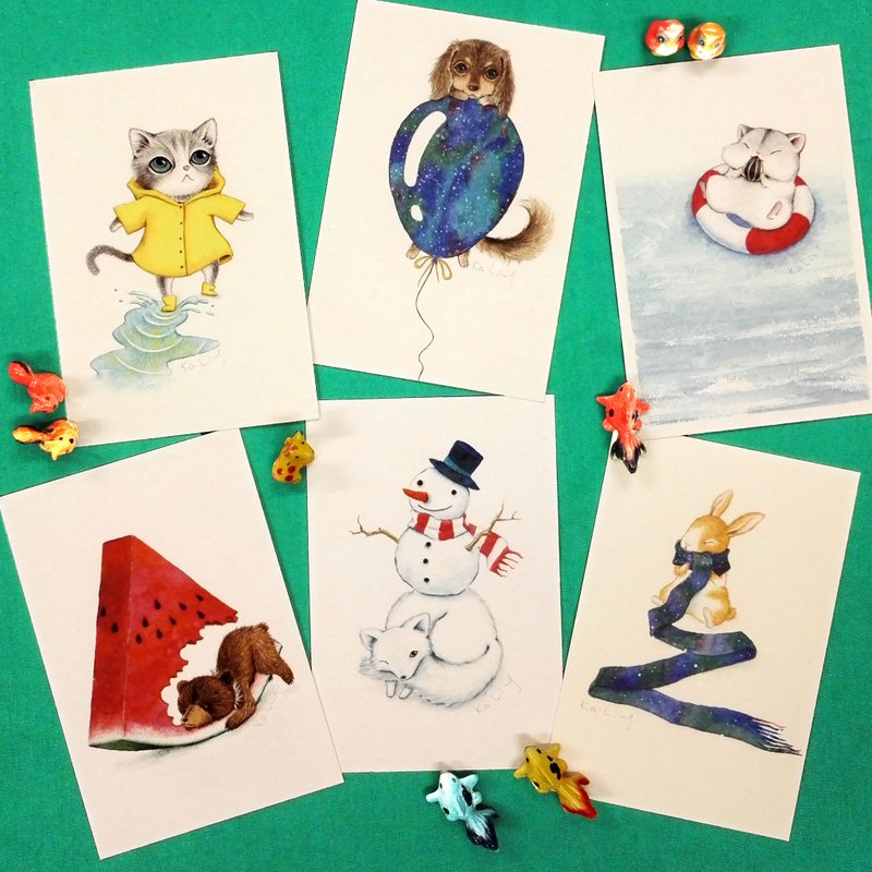 我的毛孩朋友    一套六款水彩插画明信片 - 卡片/明信片 - 纸 