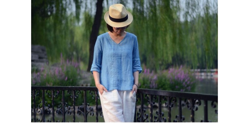 古法植物草木蓝靛染薄苎麻套头衫 - 女装上衣 - 棉．麻 