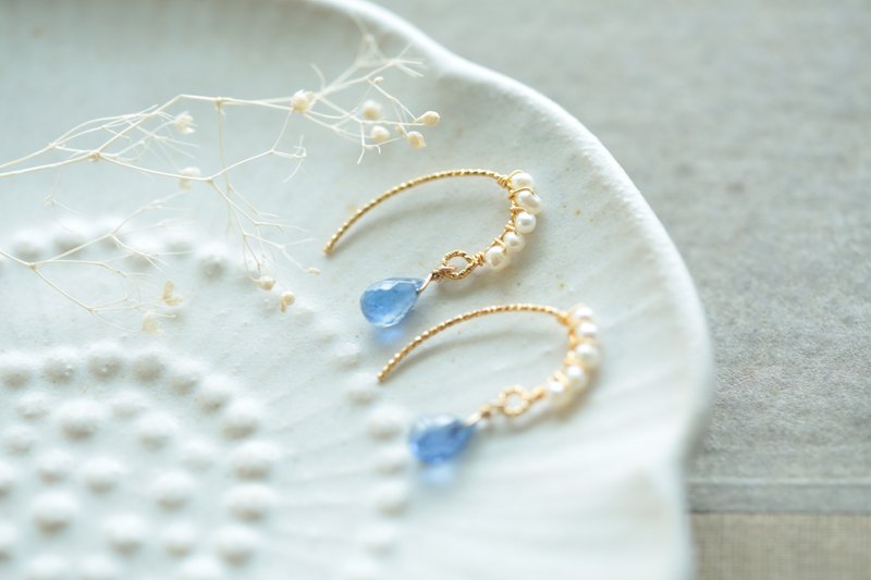 蓝晶石 珍珠 天然石耳环 14KGF 气质 生日 礼物 - 耳环/耳夹 - 半宝石 蓝色