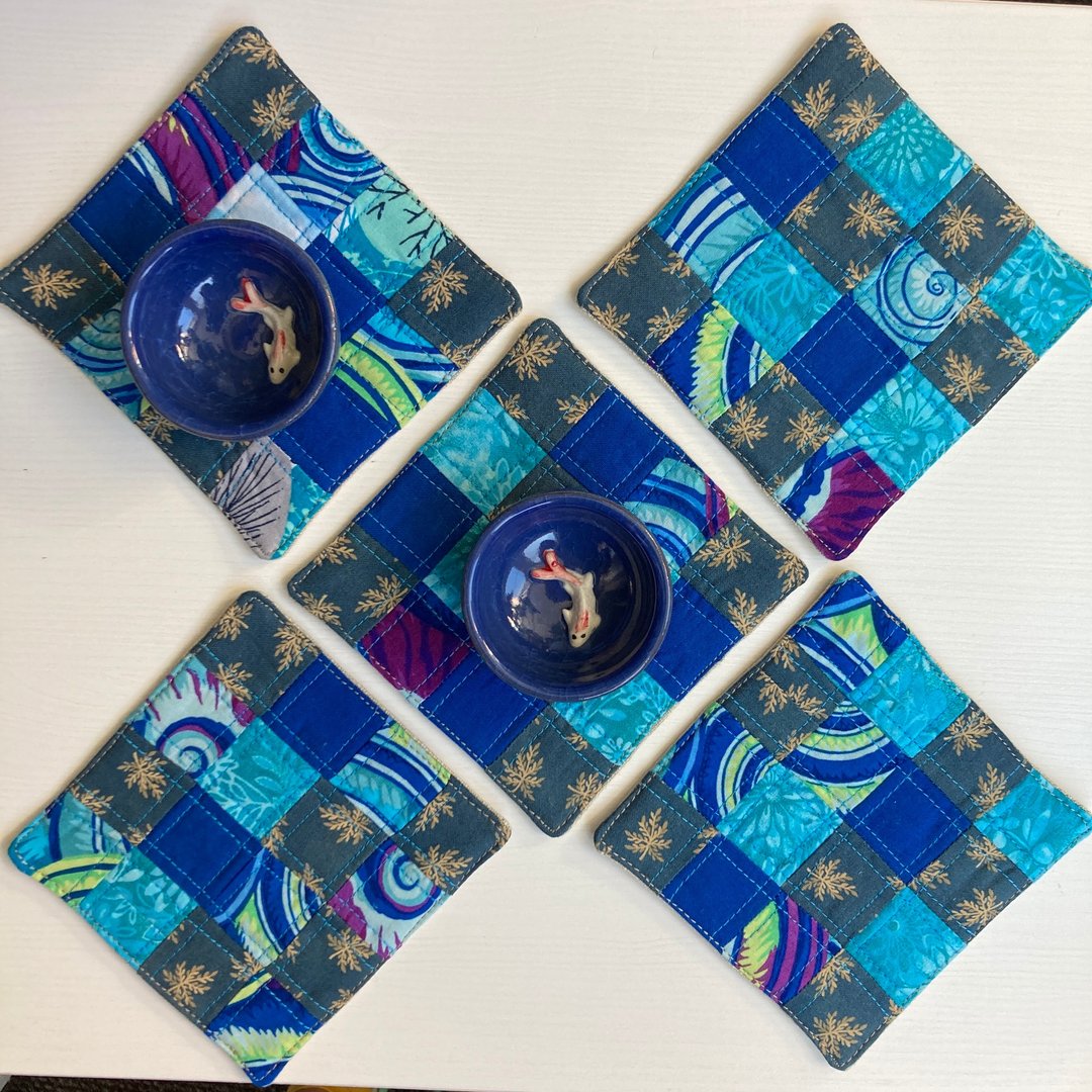 杯垫套装 5 件 亚麻棉杯垫套装 11.5 x 11.5 厘米 - 杯垫 - 亚麻 蓝色