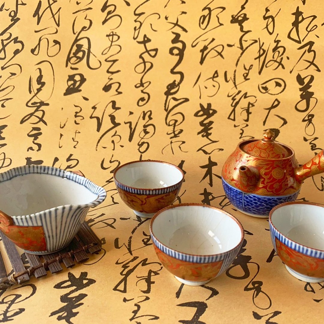 日本 日式九谷烧侧把壶茶器组 │ 昭和时代 陶瓷 一壶一茶海三杯 - 茶具/茶杯 - 陶 多色