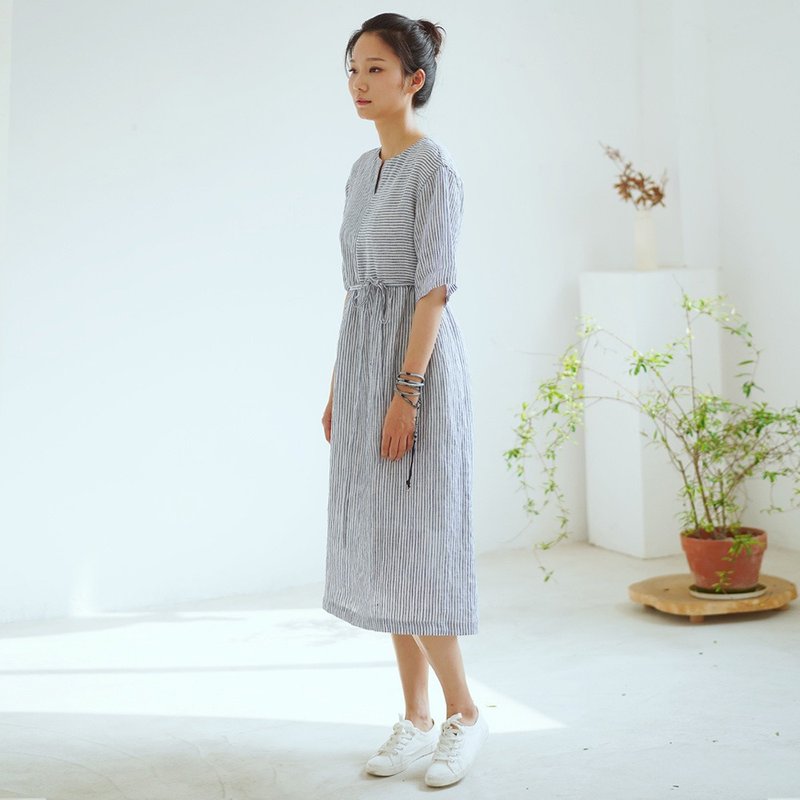 色織亞麻條紋套頭連衣裙 慵懶風洋裝 D190316 - 洋装/连衣裙 - 棉．麻 蓝色