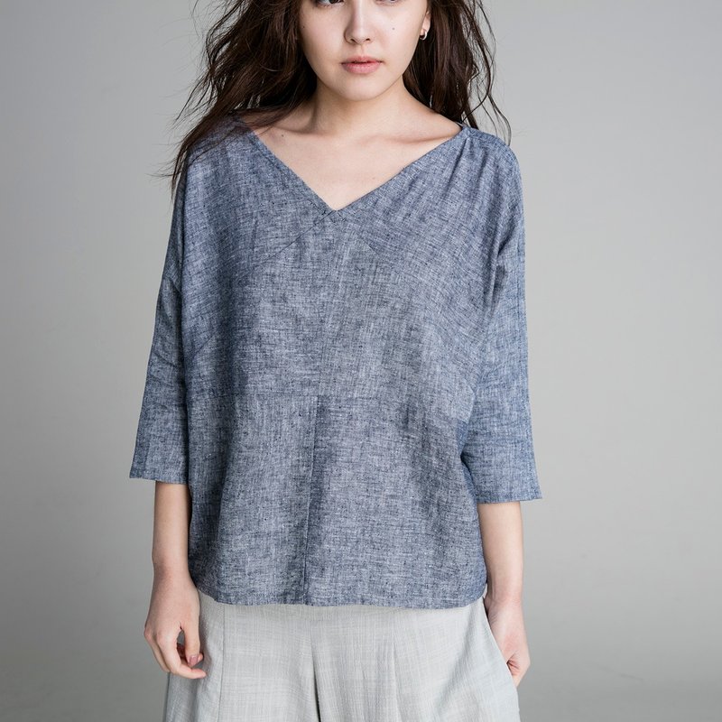 拼片七分袖上衣 - 麻蓝 - 女装上衣 - 棉．麻 蓝色