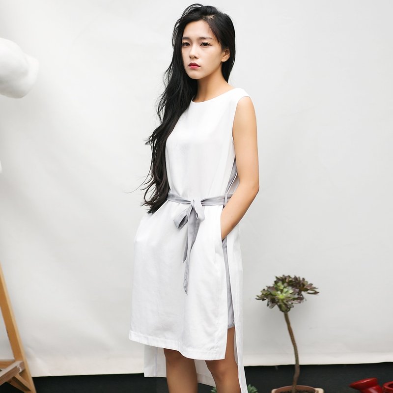 安妮陈原创设计茵萝 2016夏季新款文艺范无袖圆领拼接腰带连身裙洋装 - 洋装/连衣裙 - 棉．麻 白色