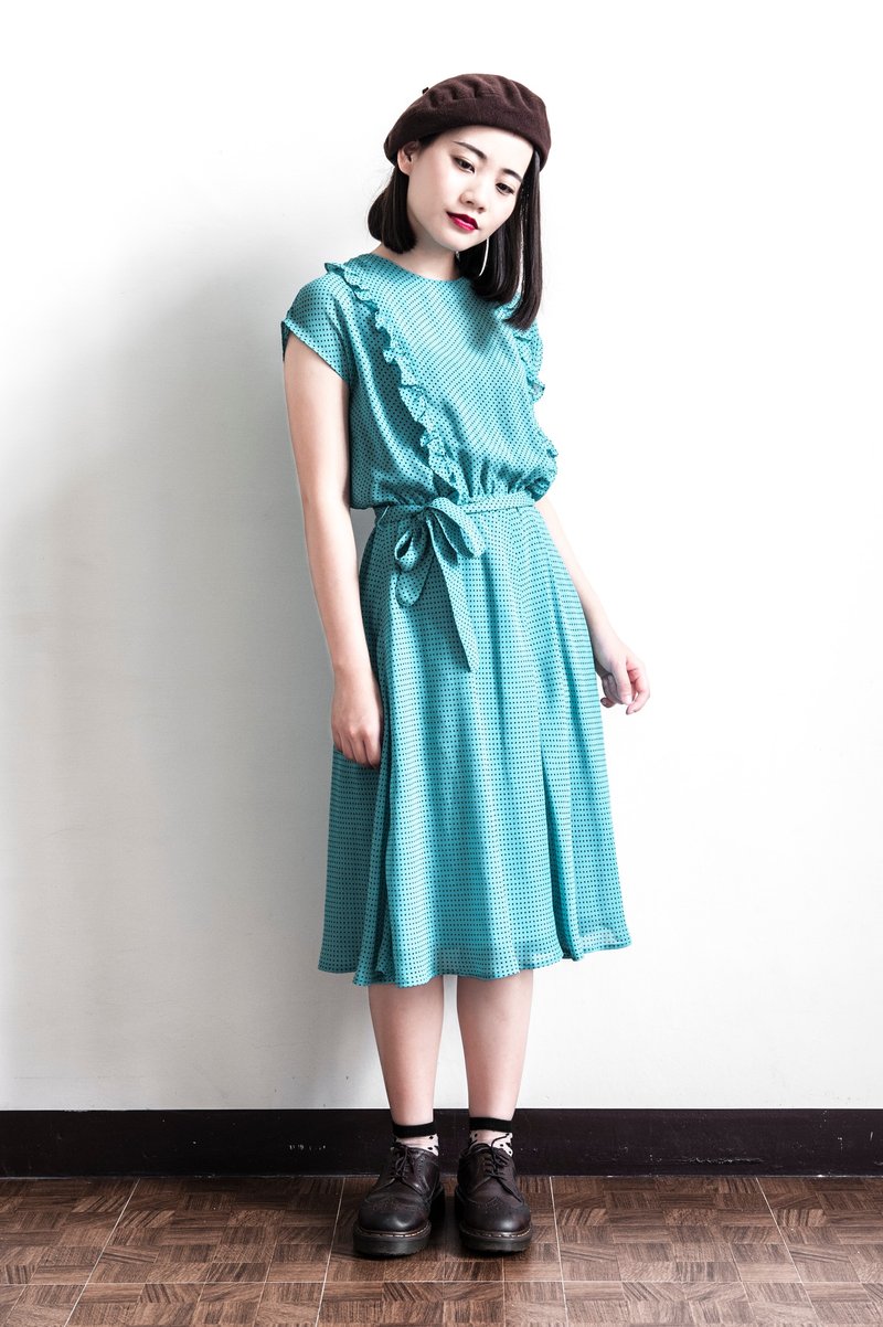 Vintage 薄荷巧克力！波浪设计蓝绿色日本古着连袖洋装 - 洋装/连衣裙 - 聚酯纤维 绿色