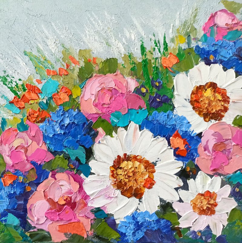牡丹与雏菊油画画布画  જの花 原创艺术 - 海报/装饰画/版画 - 其他材质 粉红色