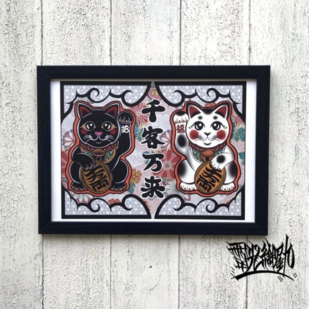 Okyu好运插画招财猫黑白千人万莱A4尺寸带框 - 摆饰 - 木头 