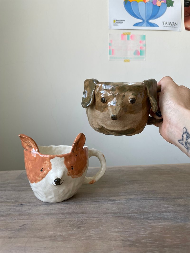 订制可爱小狗 猫咪 宠物 手捏陶杯 手作陶 礼物 - 其他杯子 - 陶 卡其色