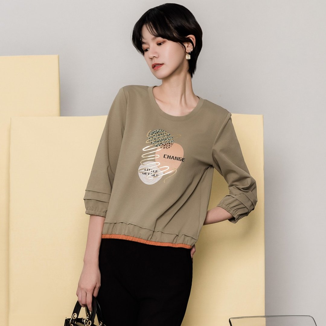 【MEDUSA】橘边压褶泡泡袖T恤(M-XL) | 女休闲上衣 女长袖T恤 - 女装 T 恤 - 棉 绿色
