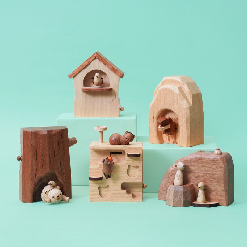 原木律动音乐盒 - 暴龙突袭/狐獴洞穴/猫咪跳台/冬眠熊/鸟语树屋 - 摆饰 - 木头 咖啡色