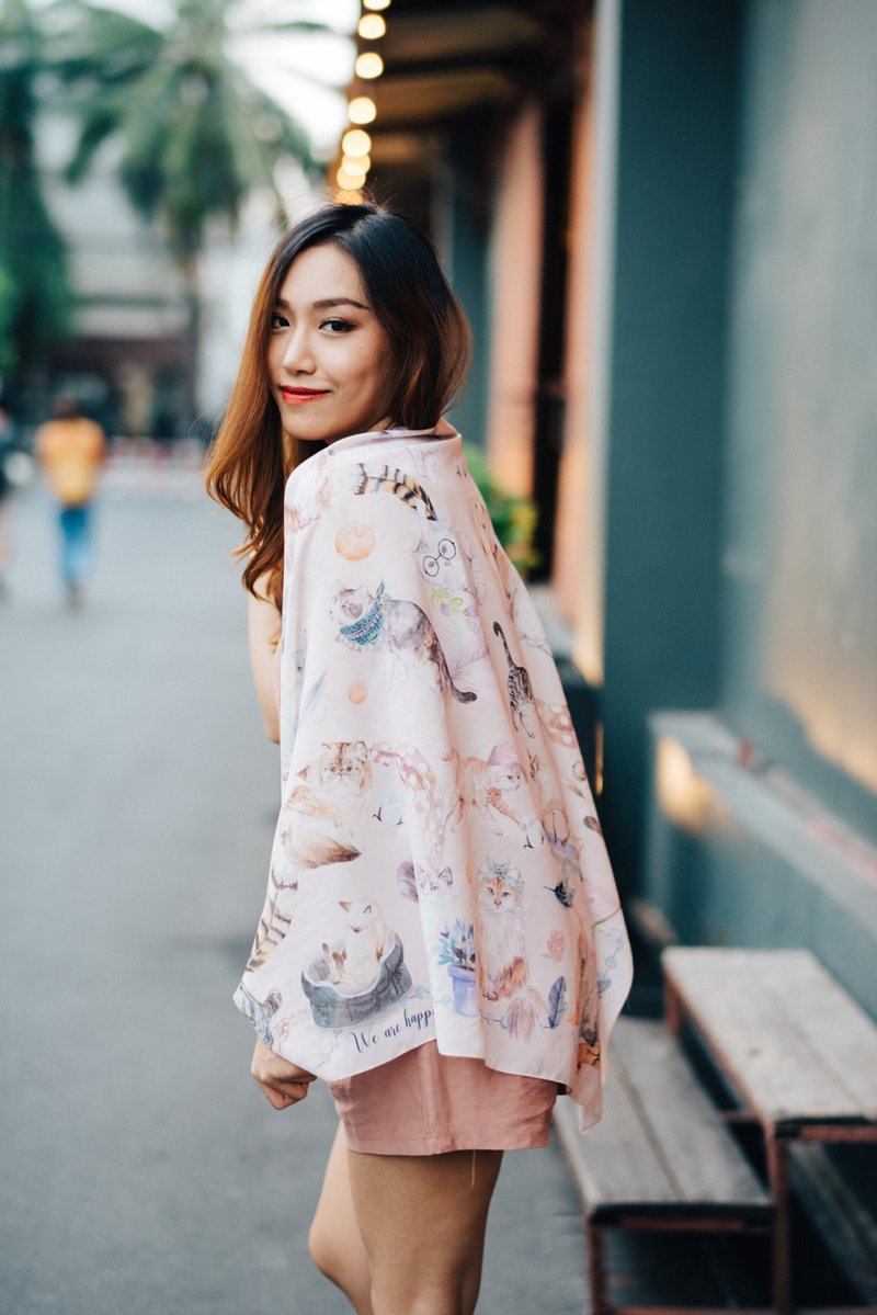 /赠猫咪明信片/ 我们是欢乐猫咪 - 手工丝巾/围巾 (桃色) - 丝巾 - 聚酯纤维 橘色