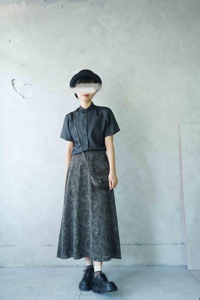 寻宝古着-古典气质新艺术变形虫印花深灰复古圆裙 - 裙子 - 聚酯纤维 灰色