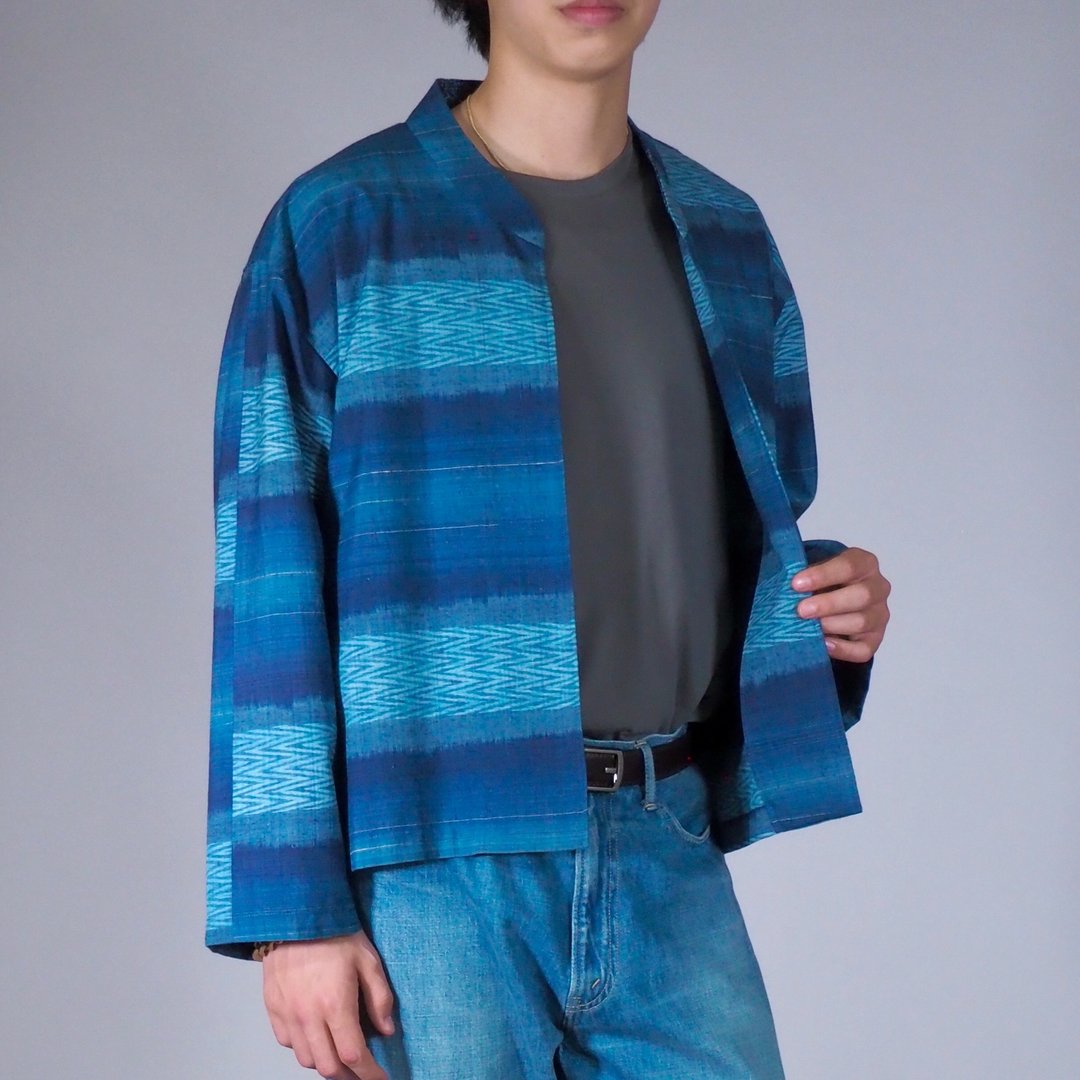 【日本制造】复古和服翻拍、长袖衬衫男、浅夹克、蓝色 - 中性连帽卫衣/T 恤 - 丝．绢 蓝色