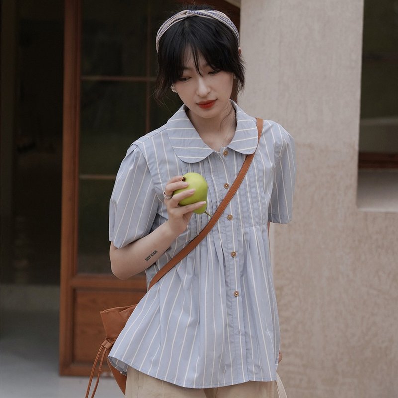 蓝条纹娃娃领衬衫|衬衫|夏款|Sora-987 - 女装衬衫 - 其他人造纤维 蓝色