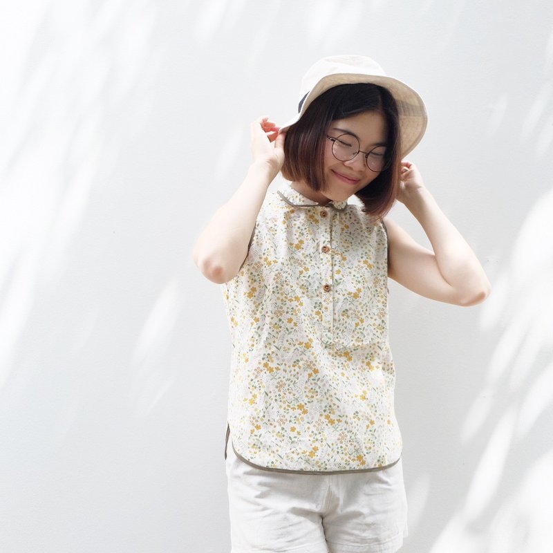 Sleeveless Shirt : Flora Pattern - 女装上衣 - 棉．麻 黄色