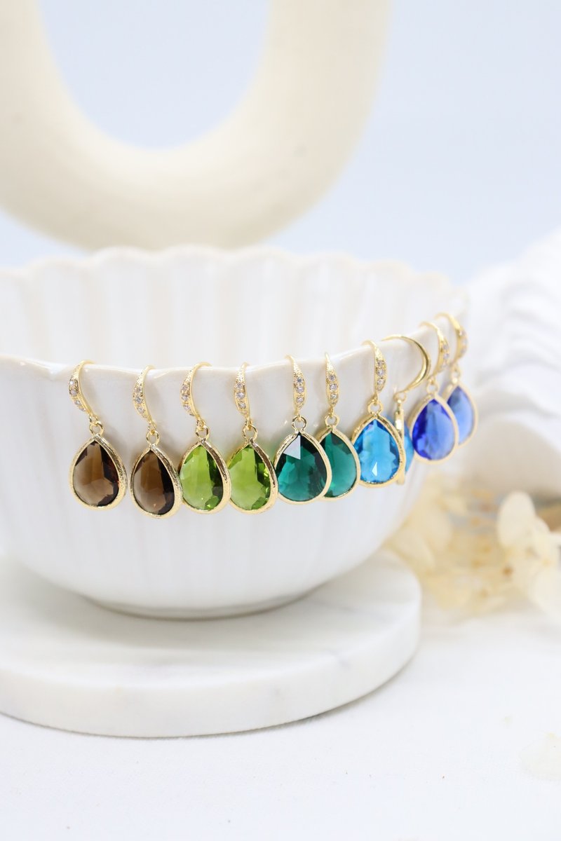 精致透明水滴水晶宝石 闪耀锆石耳鈎 - 耳环/耳夹 - 水晶 多色