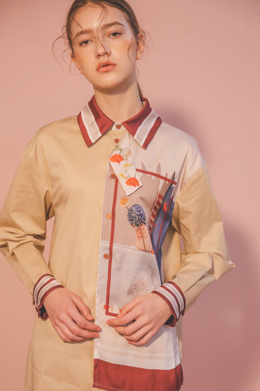 Sample Sale/ 数位印花拼接衬衫-卡其 - 女装衬衫 - 棉 卡其色
