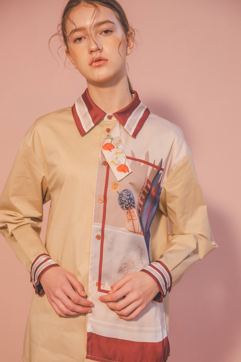 Sample Sale/ 数位印花拼接衬衫-卡其 - 女装衬衫 - 棉．麻 卡其色