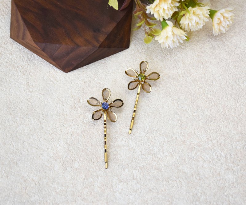 【春夏新品】立体黄铜花蕊水晶发夹 - 发饰 - 铜/黄铜 绿色