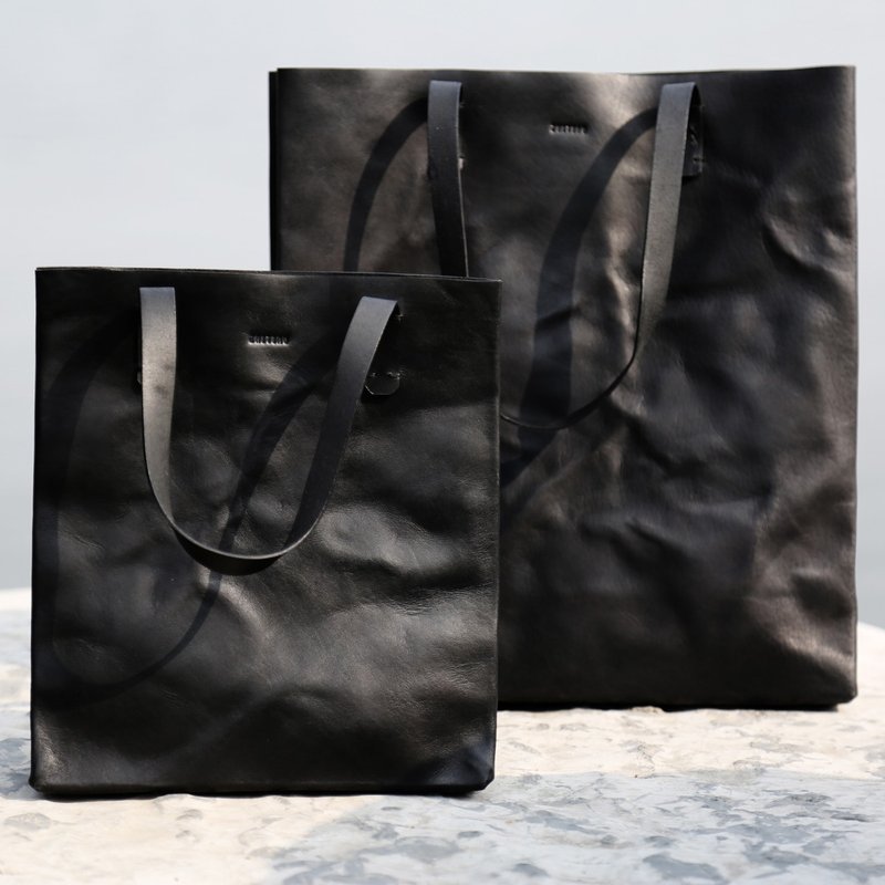 手工牛皮褶皱托特包 - 手提包/手提袋 - 真皮 黑色