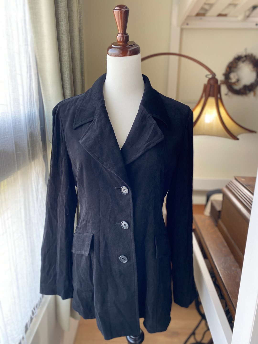 黑短绒修身伞状西服古着外套 - 女装西装外套/风衣 - 棉 黑色