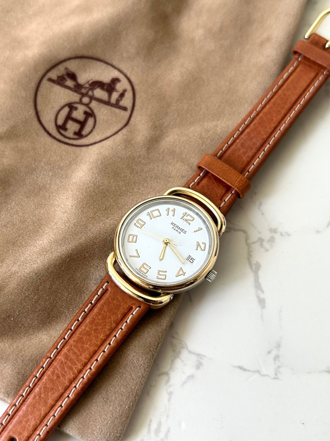 中古二手Hermes Pullman金银扣咖啡色皮带男女装古董表手腕表 - 女表 - 其他金属 金色