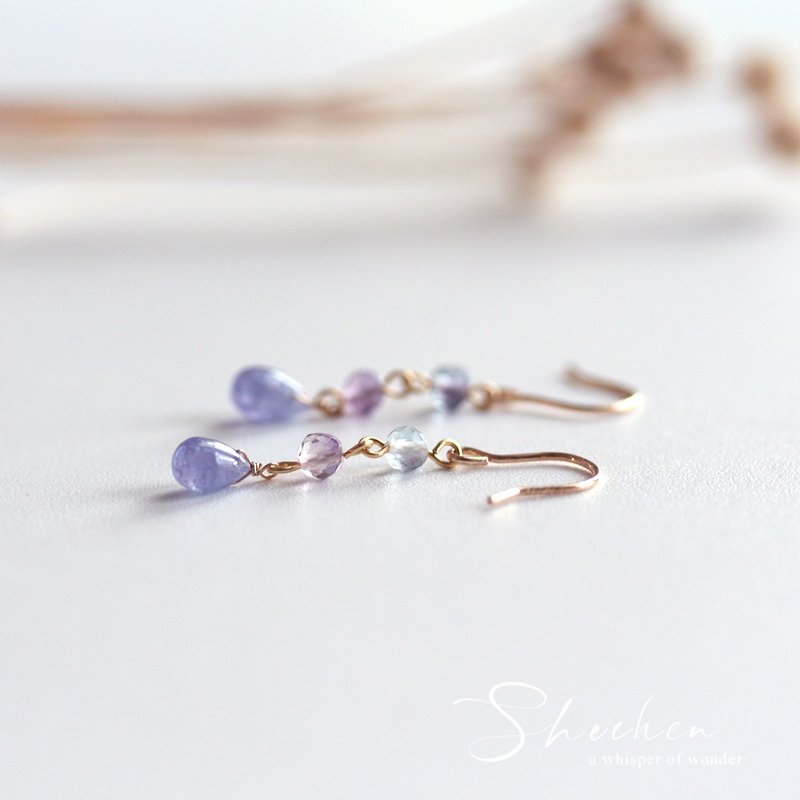 丹泉石*萤石 水滴清透耳环 丹泉石 坦桑石 耳针 耳勾 日系手作 - 耳环/耳夹 - 半宝石 透明