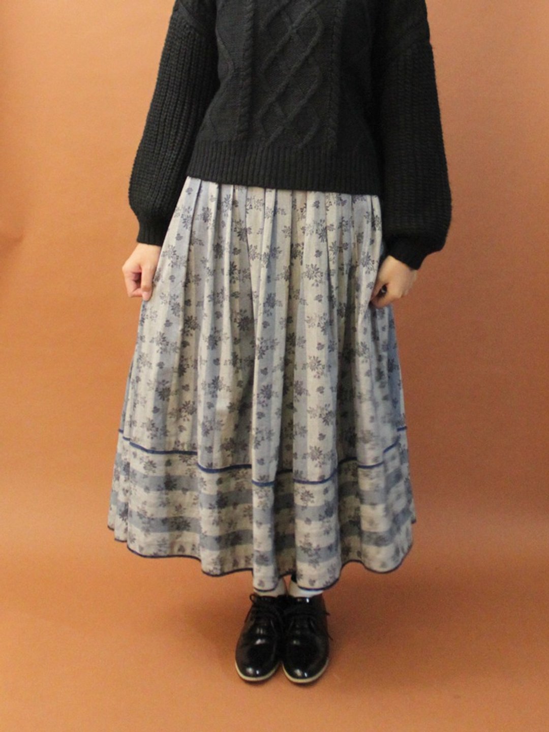 复古欧洲乡村灰蓝色条纹碎花厚棉布宽松古着长裙 Vintage Skirt - 裙子 - 棉．麻 灰色
