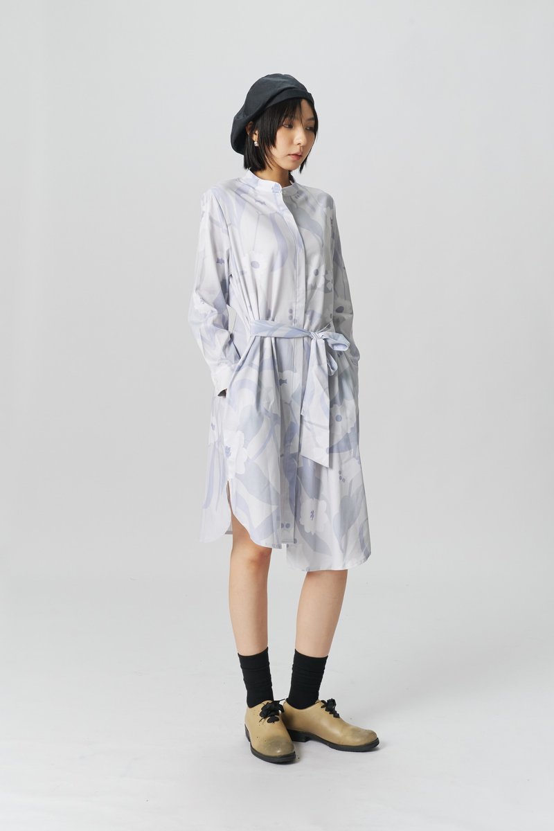 绝版品 复古印花衬衫洋装 开襟连身裙 灰蓝色/卡其色 - 洋装/连衣裙 - 聚酯纤维 蓝色