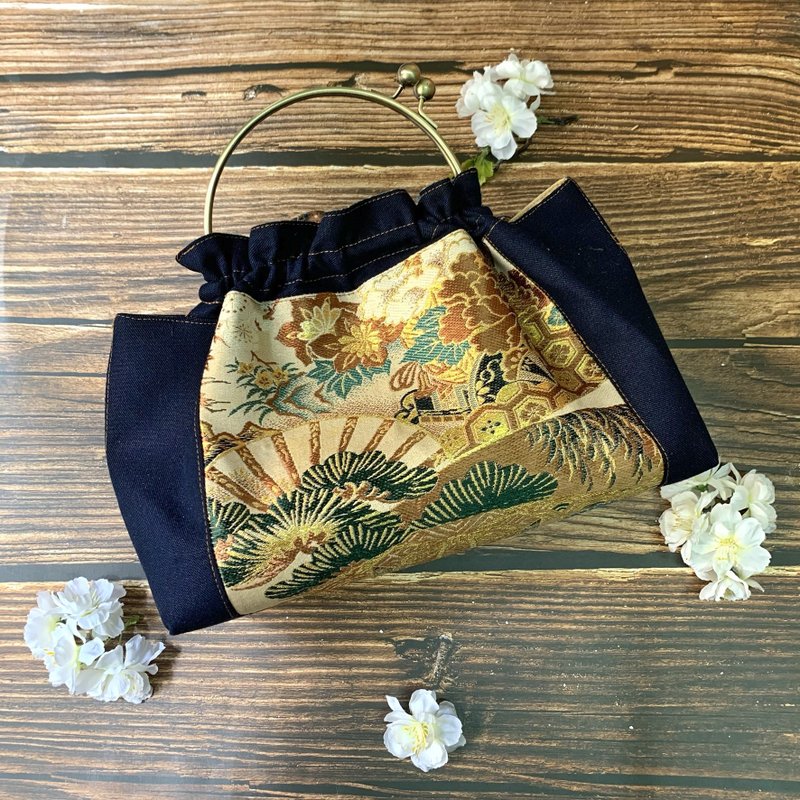 和风手挽口金包 - 二手和服腰带 - 手提包/手提袋 - 棉 卡其色