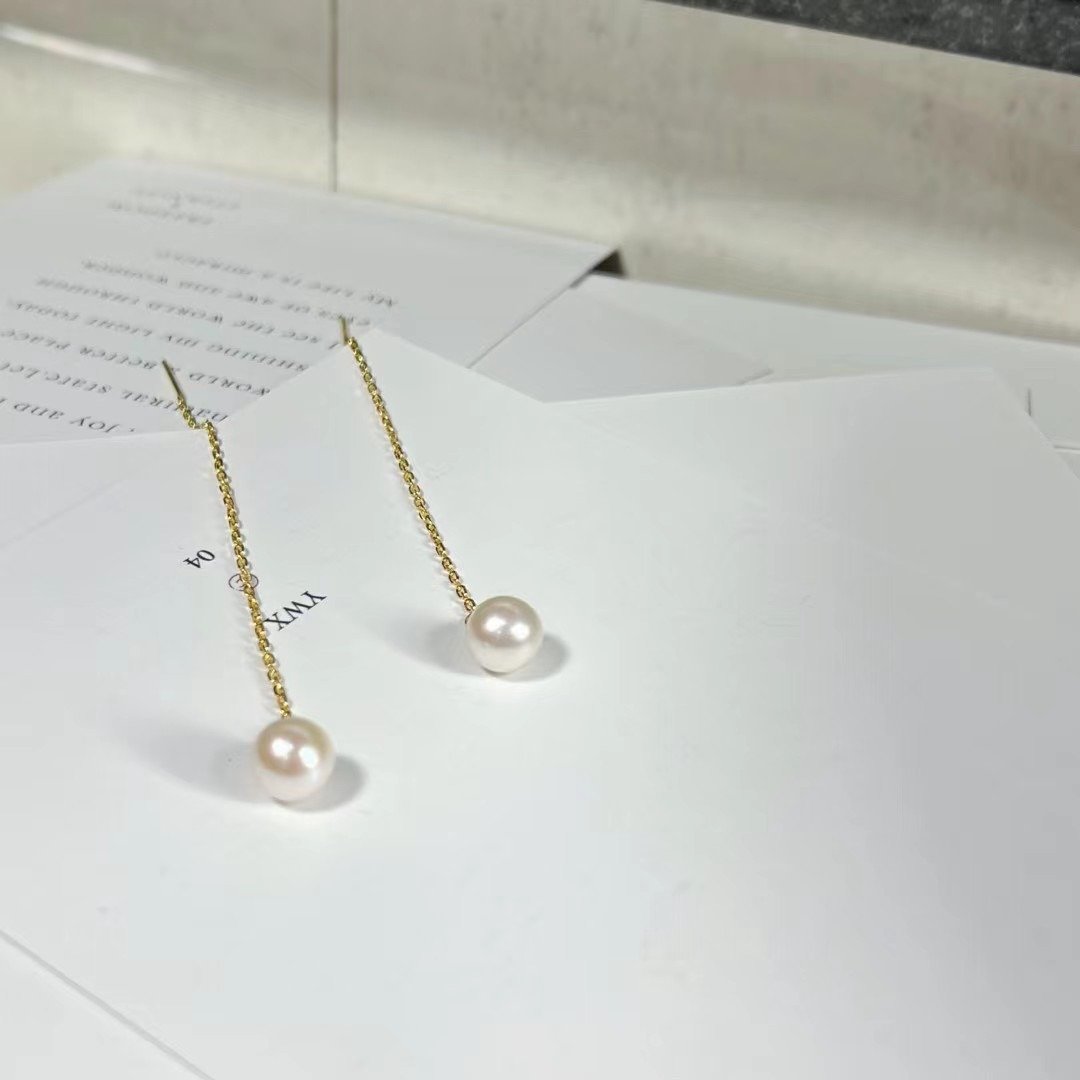 Yuan design 14k包金天然近正圆几乎无暇珍珠耳钉耳线法式优雅款 - 耳环/耳夹 - 珍珠 白色