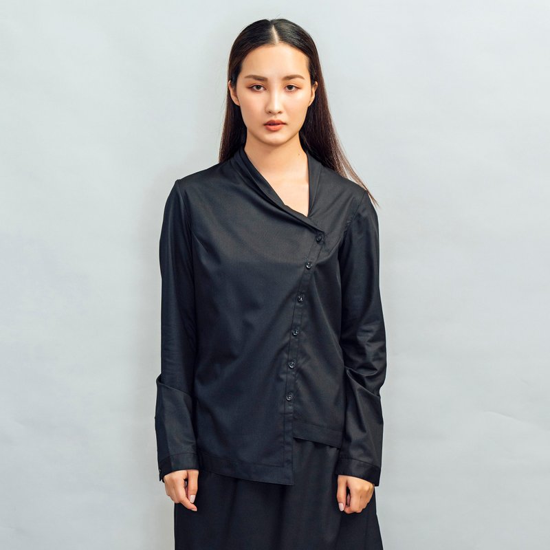不对称长袖衬衫_黑色快干抗菌机能布料 - 女装衬衫 - 棉．麻 黑色