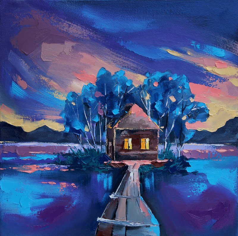 老房子绘画 夜景 原创艺术 印象派艺术作品 30 x 30 cm - 海报/装饰画/版画 - 其他材质 蓝色