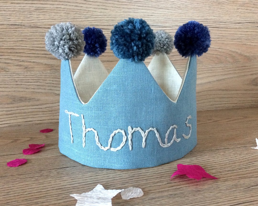 Personalized birthday crown, Light blue 1st birthday crown, Toddler crown - 婴儿帽/发带 - 亚麻 蓝色