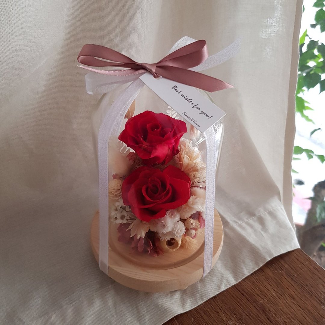 永生花+干燥花|红玫瑰不凋花玻璃花盅│永生花|万用祝贺 情人节 - 干燥花/捧花 - 植物．花 红色