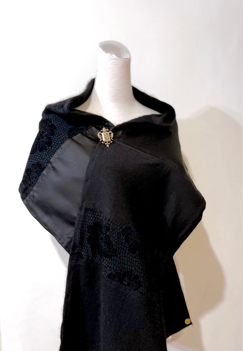 纯手作黑色毛料异材质拼接羊毛围巾披肩 - 围巾/披肩 - 羊毛 黑色