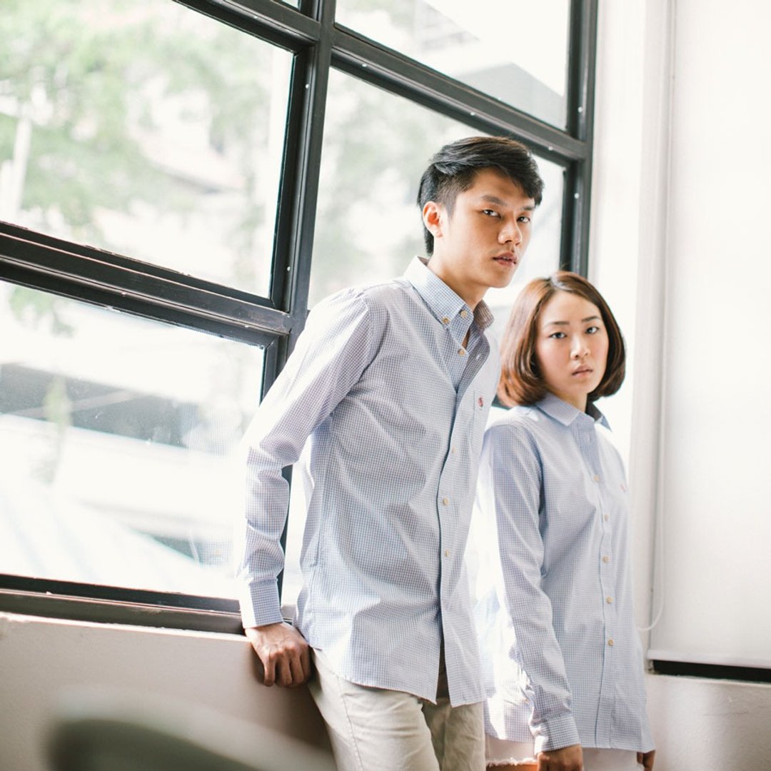 Men shirt: Slim-Button down collar - 男装衬衫 - 棉 蓝色