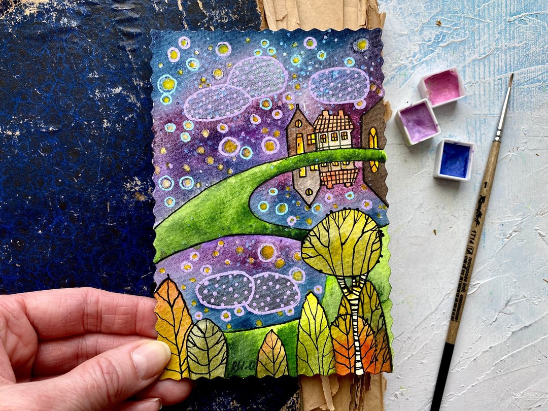 Night landscape painting Magic Original watercolor card Miniature art - 海报/装饰画/版画 - 纸 多色