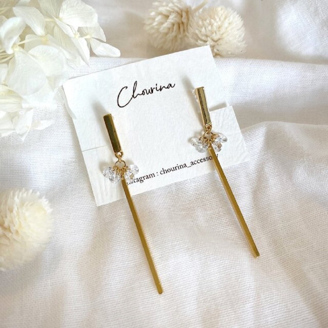 Zirconia stick Clip-On, earrings - 耳环/耳夹 - 宝石 金色