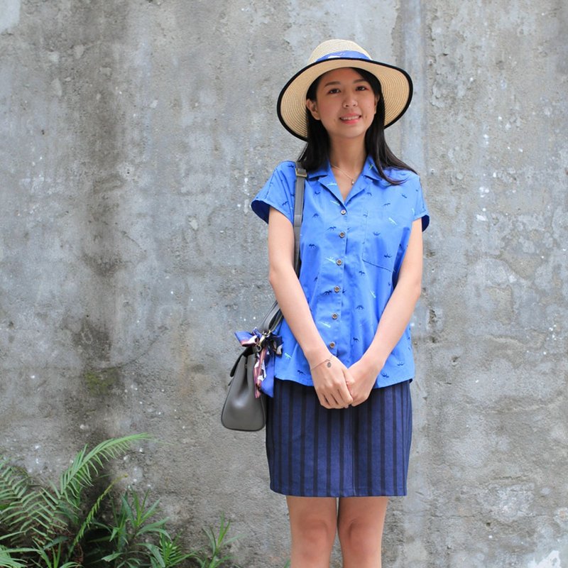 GT综合恐龙复古领衬衫 - 女装衬衫 - 棉．麻 蓝色
