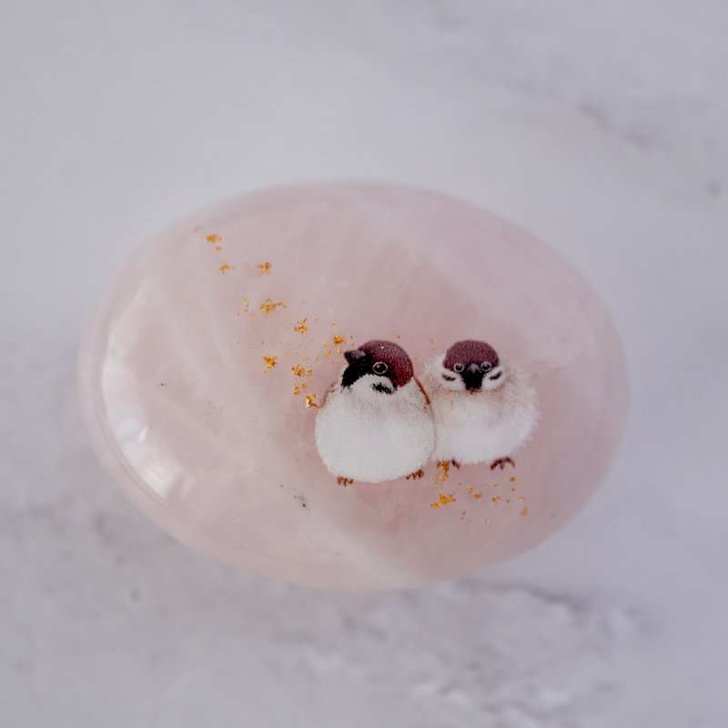 天然石玫瑰石英与麻雀、金泽箔饰品 - 其他 - 宝石 粉红色