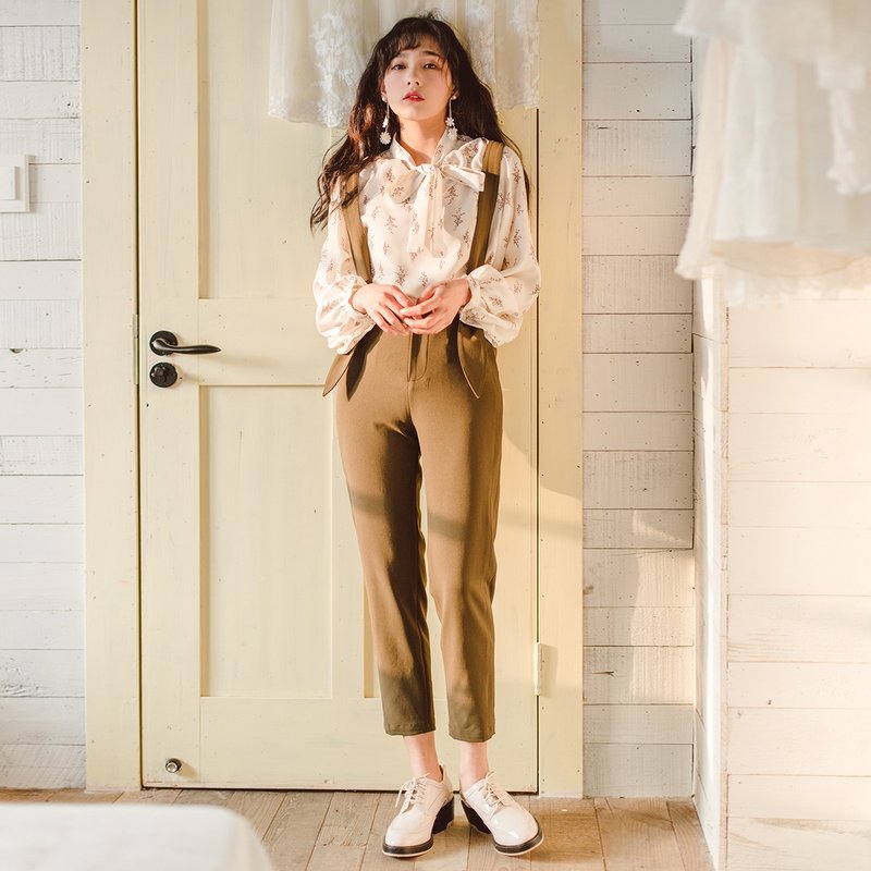 安妮陈2018春夏装新款女装文艺飘带上衣背带小脚裤套装 - 女装上衣 - 其他材质 白色