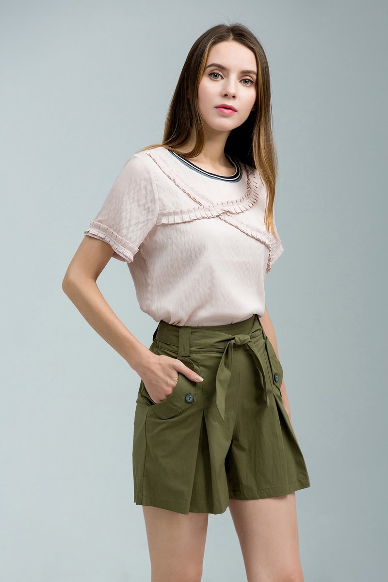 NEGA C. 藕粉色交叉迷你细折罗纹领短袖上衣 - 女装上衣 - 聚酯纤维 粉红色