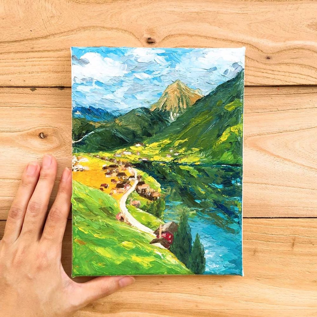 峡谷海港村庄小型厚涂风油画。山丘小镇世外桃源立体风景艺术装饰 - 海报/装饰画/版画 - 棉．麻 