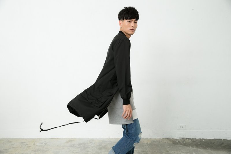 口袋长版棒球外套(黑）＃8601 - 男装外套 - 棉．麻 黑色