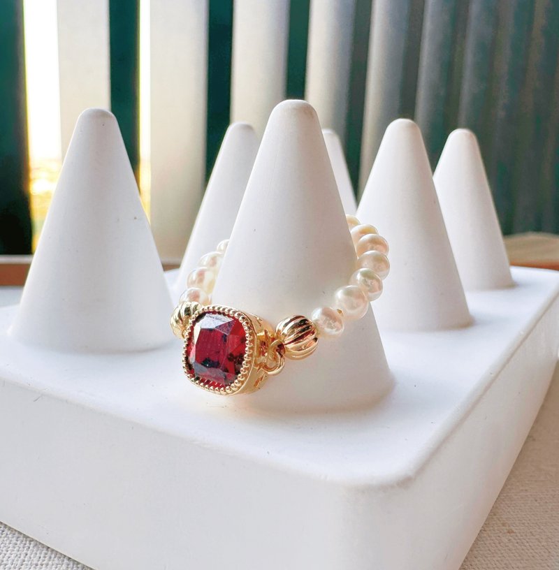 天然珍珠红锆石戒指 - 戒指 - 珍珠 红色