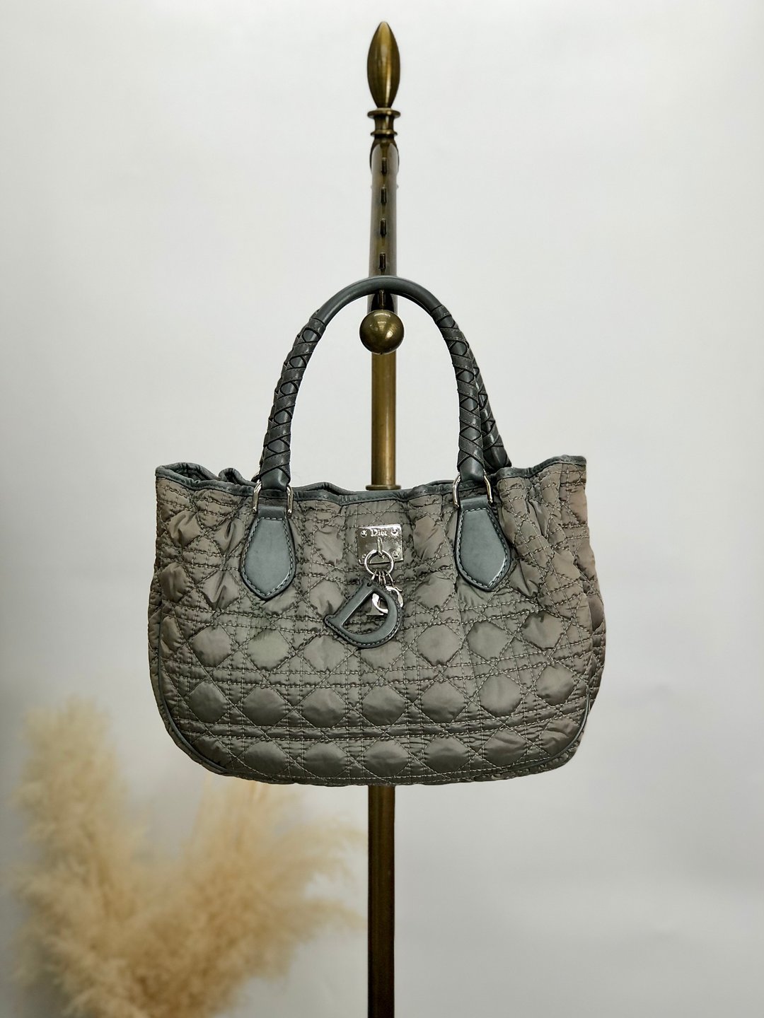 【日本直送 名牌古着包】Christian Dior 藤格纹手提包 灰色 品牌吊饰 尼龙 皮革 vintage sbfih8 - 手提包/手提袋 - 尼龙 灰色