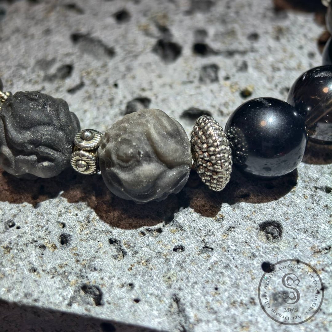 【Dream Crystal Art】墨影灵狐 - 银曜狐球黑曜石茶晶手串 - 手链/手环 - 半宝石 银色